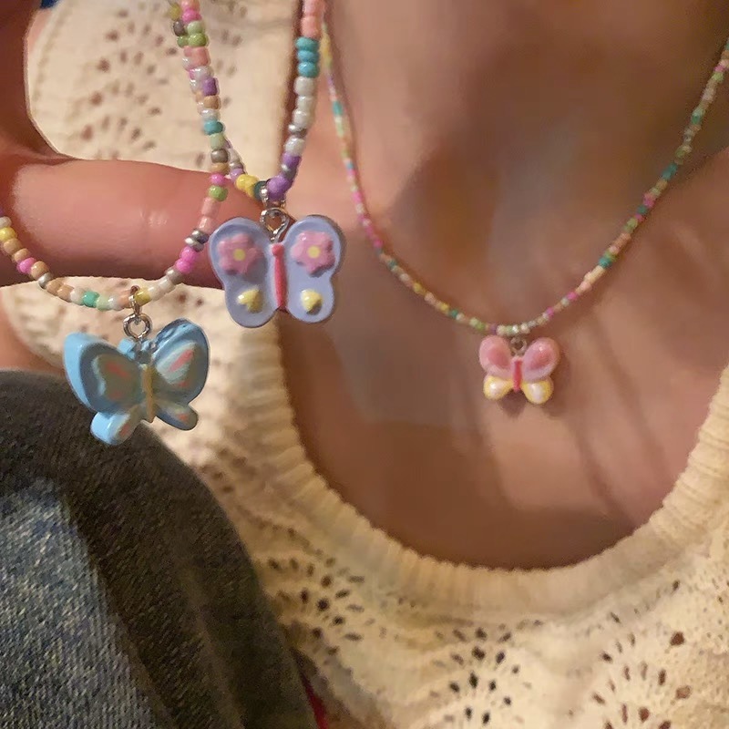 Y2k สาวหวานสร ้ อยคอ Candy สีลูกปัดผีเสื ้ อจี ้ สร ้ อยคอสาวอินเทรนด ์ Cool และน ่ ารัก Girly สไตล 