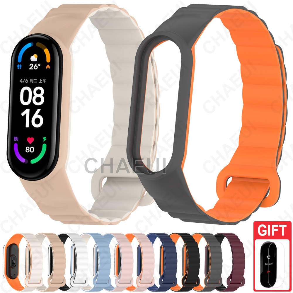 สายซิลิโคนสร ้ อยข ้ อมือแม ่ เหล ็ กสําหรับ Xiaomi Mi Band 7 6 5 4 3