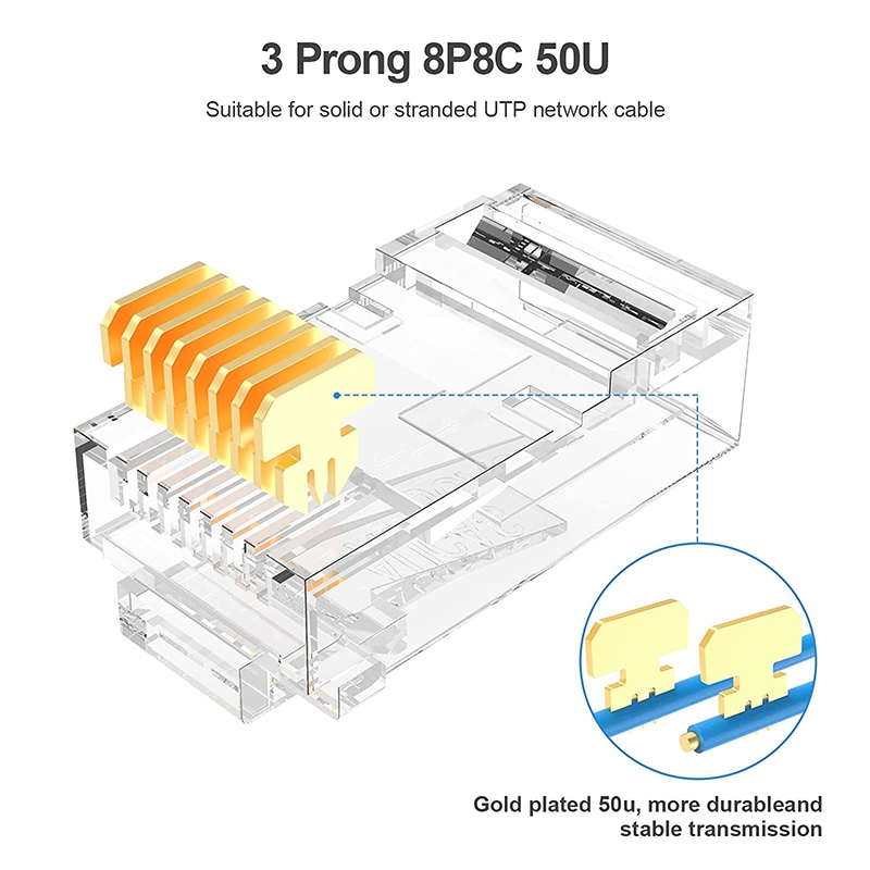 Hoolnx CAT6 RJ45 Modular Plug Connector: UTP 50μ Gold-Plated Split-Type, 8P8C Crimp End สําหรับสาย Ethernet - เหมาะสําหรับ Bulk Ethernet Solutions - รูปที่ 3