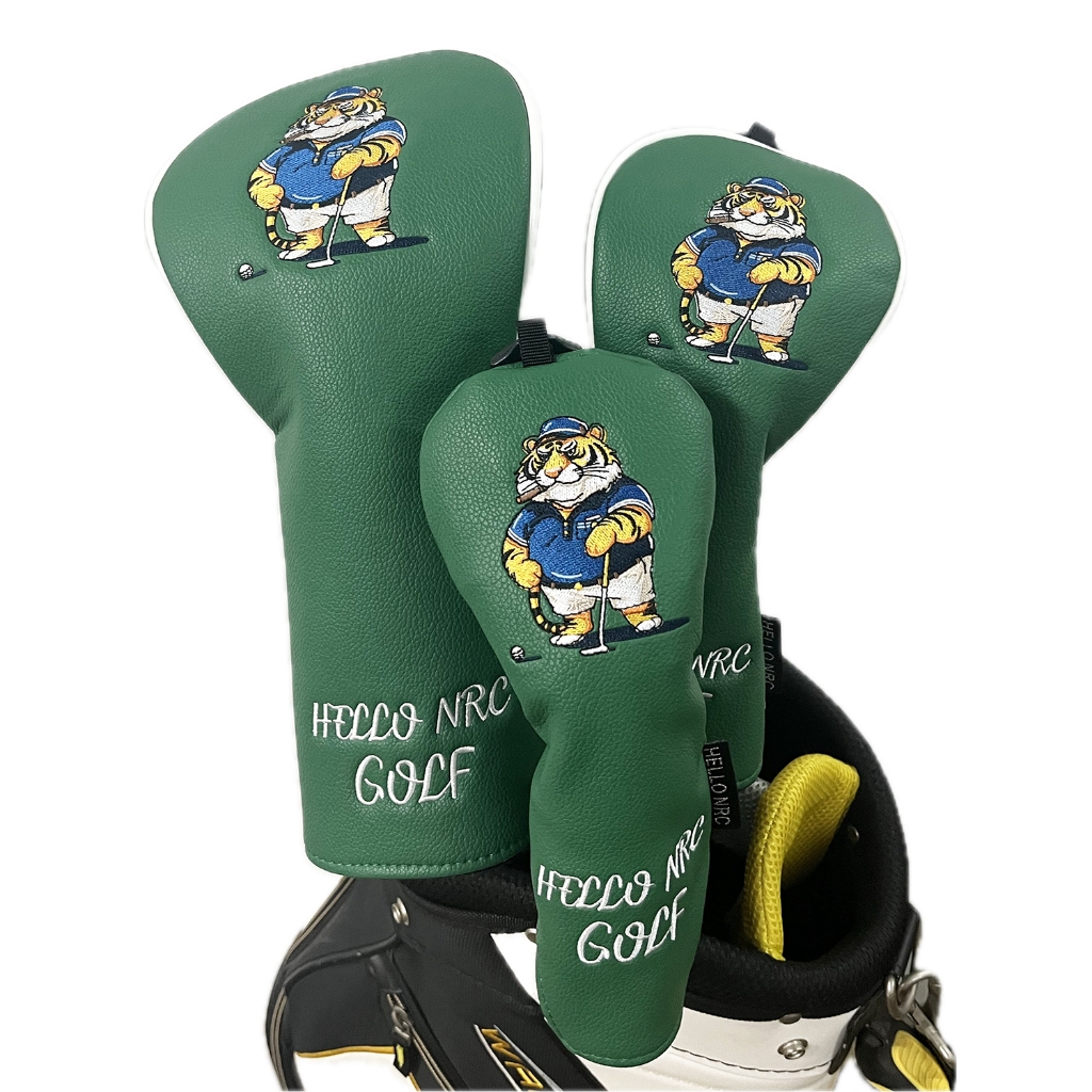 Green Tiger Pattern Golf Club Head Cover, PU Golf Headcover สําหรับ Driver, Fairway และ Hybrid, Golf