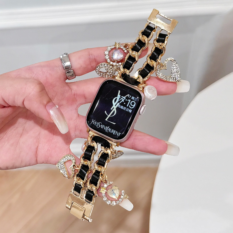 Chain Leather Pendant Watchband For AP Watch Strap series 9 8 7 6 5 4 3 2 1,SE,SE2, Ultra, Ultra 2 Strap size 41mm 45mm 38mm 40mm 42mm 44mm 49mm i watch Strap Compatible for apple watch สาย