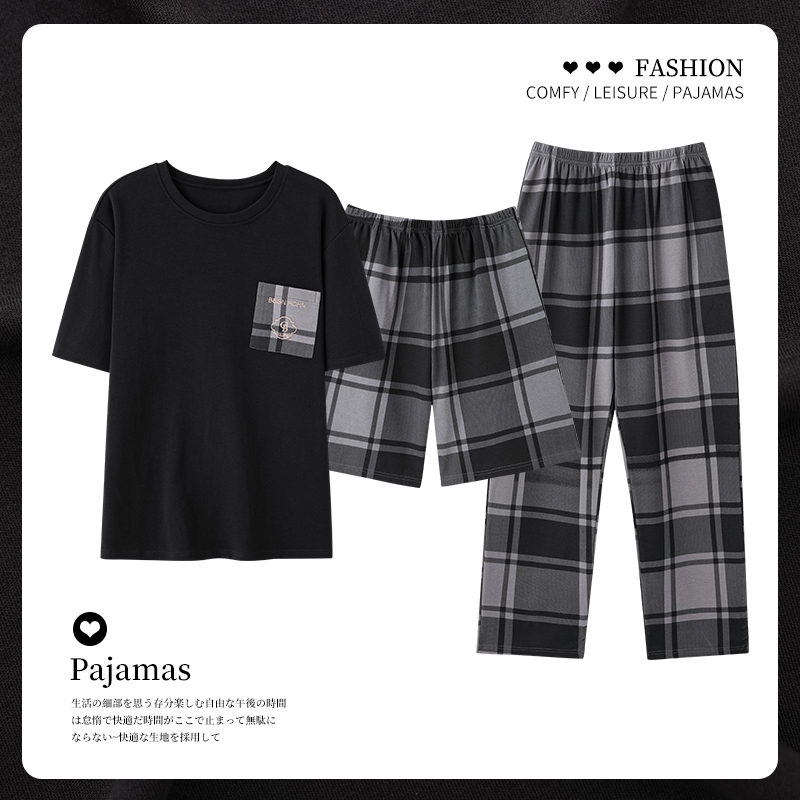 ชุด 3 ชิ้นชุดนอนผู้ชาย pijamas แขนสั้นกางเกงผ้าฝ้าย nightwear ชุดนอนเกาหลี Lapel ผู้ชายชุดนอนผ้าฝ้ายแท้ชุด