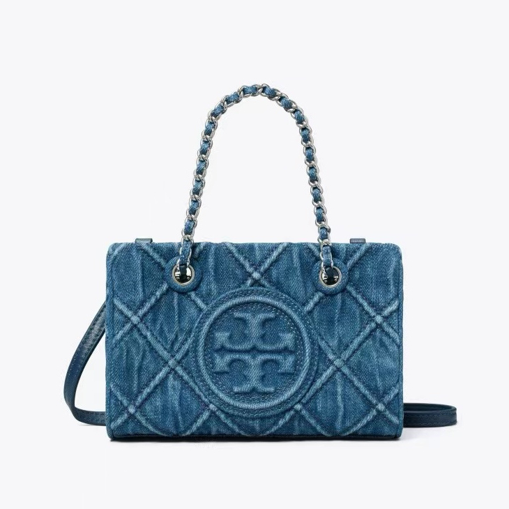 Tory Burch Ladys 2024 Counter ล่าสุด Fleming Series หนังนุ่ม Mini ขนาด Denim Tote กระเป๋าไหล่กระเป๋า Crossbody กระเป๋า