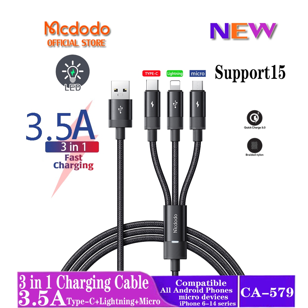 Mcdodo 3 in 1 สาย USB สําหรับโทรศัพท ์ มือถือ Micro USB Type C สายชาร ์ จสําหรับ iP15 14 13 12 11 Xr