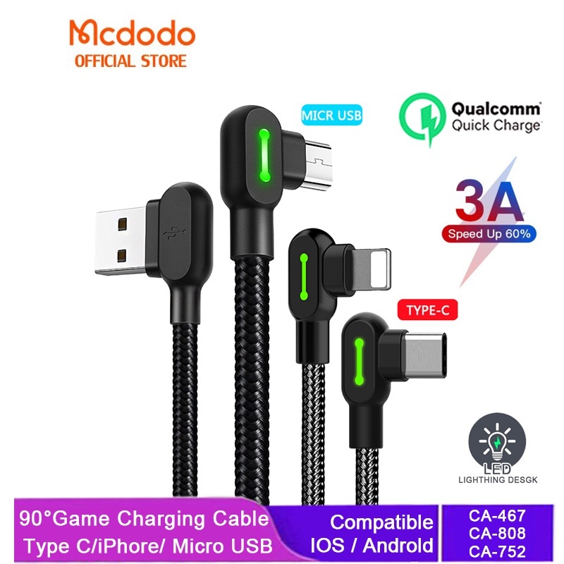 Mcdodo สายชาร ์ จสําหรับเล ่ นเกม USB 90 องศา เข ้ ากันได ้ กับ iP 14 13 Micro USB Type-C และอื ่ นๆ ความยาว 0.5 1.2. 1.8 3 ม