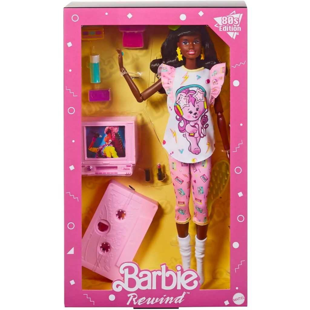 Barbie Doll Curly Black Hair 80s-Inspired Slumber Party Barbie Rewind Series Nostalgic Collectibles and Gifts Clothes and Accessories HJX19ตุ ๊ กตาบาร ์ บี ้ ผมสีดําหยิก 80s-Inspired Slumber Party Barbie Rewind Series ของสะสมคิดถึงและของขวัญเสื ้ อผ ้ าแล