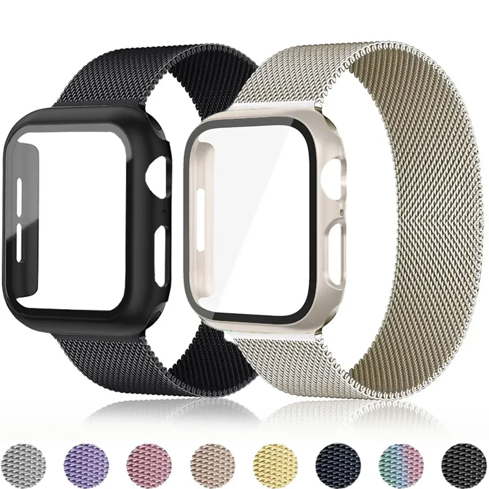 Milanese สําหรับนาฬิกา Ultra2 49 มม.Series 9 8 SE 7 6 5 4 3 2 1 iWatch 45 มม.41 มม.44 มม.40 มม.42 มม.38 มม.Ultra 2 สแตนเลสสมาร ์ ท Band Hard PC กรอบ +HD กระจกนิรภัย