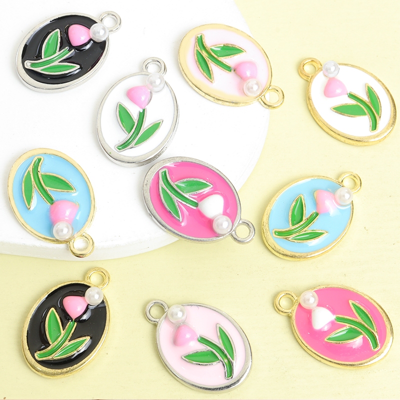 10pcs ประณีตเลียนแบบ Pearl Decor สี Collision ทิวลิปรูปแบบรูปไข ่ เคลือบ Charms ผู ้ หญิง Niche Design อารมณ ์ เครื ่ องประดับ Elegant สร ้ อยคอสร ้ อยข ้ อมือต ่ างหู DIY ดอกไม ้ จี ้