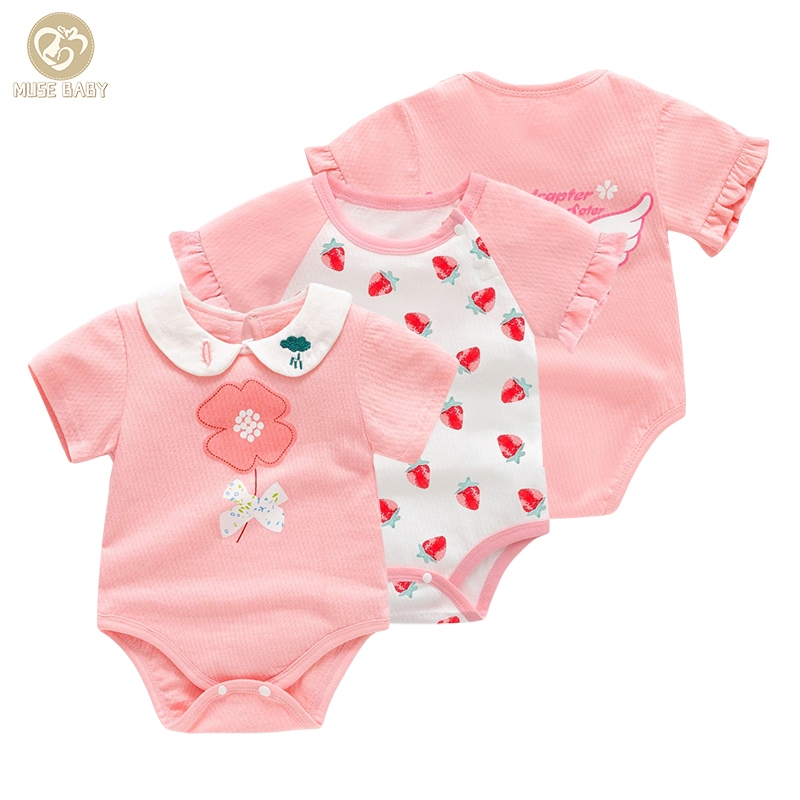 ดอกไม ้ สีชมพูเด ็ กทารกเสื ้ อผ ้ าผ ้ าฝ ้ ายระบายอากาศ Romper ทารกสาว Jumpsuit Frill แขนสั ้ นบอดี ้ สูท