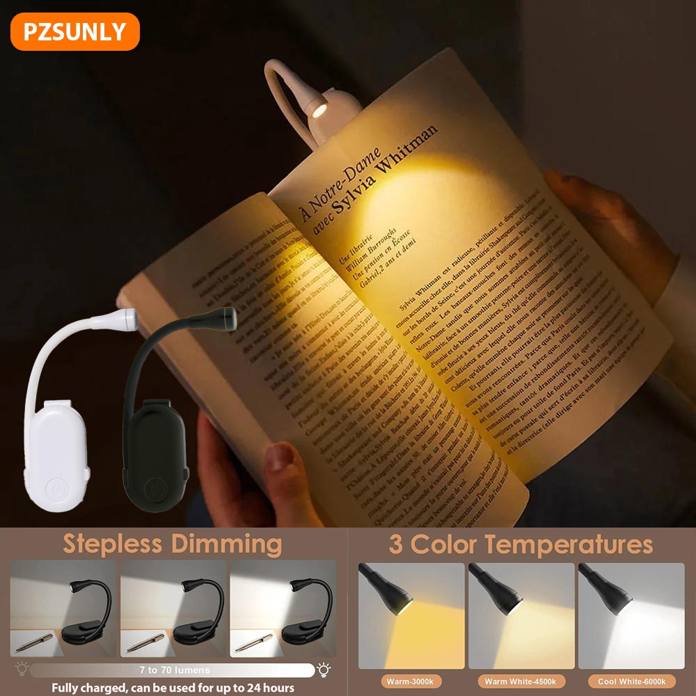 หนังสือถนอมสายตา LED ขนาดเล็กแบบชาร์จไฟได้คลิปไฟกลางคืน 360° ไฟอ่านหนังสือถนอมสายตาปรับระดับได้