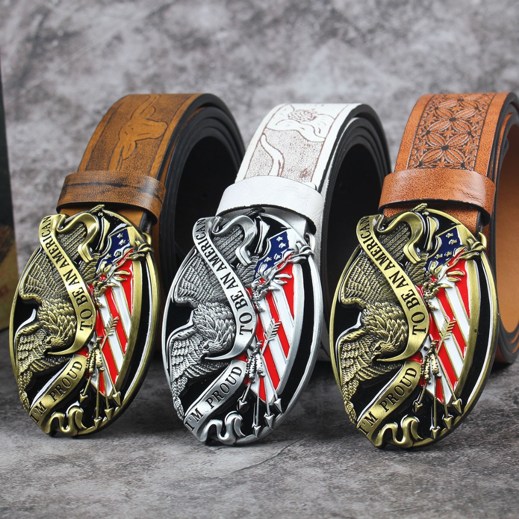 กว้าง 3.7 ซม. ผู้ชายและผู้หญิง Western Cowhead Denim สไตล์ Cowhead เข็มขัดหัวเข็มขัดอินเทรนด์เข็มขัดเรียบรูปแบบหัวเข็มขัดพิมพ์รอบรูสไตล์