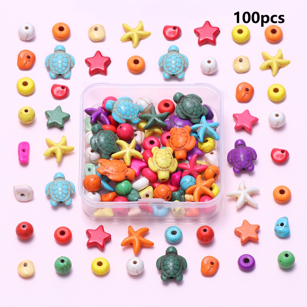 100 ชิ ้ นกล ่ อง 6 รูปแบบ Turquoise เต ่ าลูกปัด Charms ปลาดาวทะเล Charms อัญมณีหิน Spacer ลูกปัด