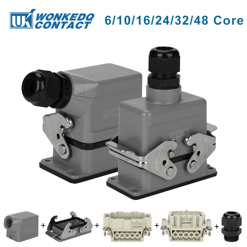 สี่เหลี่ยมผืนผ้า Heavy Duty Connector WHE HDC-HE 6/10/16/24/32/48 Core อุตสาหกรรมกันน้ําการบินปลั๊กซ็อกเก็ต 500V