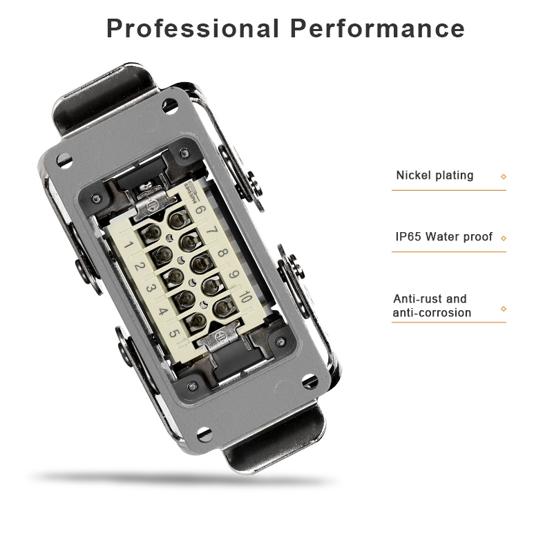 สี่เหลี่ยมผืนผ้า Heavy Duty Connector WHE HDC-HE 6/10/16/24/32/48 Core อุตสาหกรรมกันน้ําการบินปลั๊กซ็อกเก็ต 500V