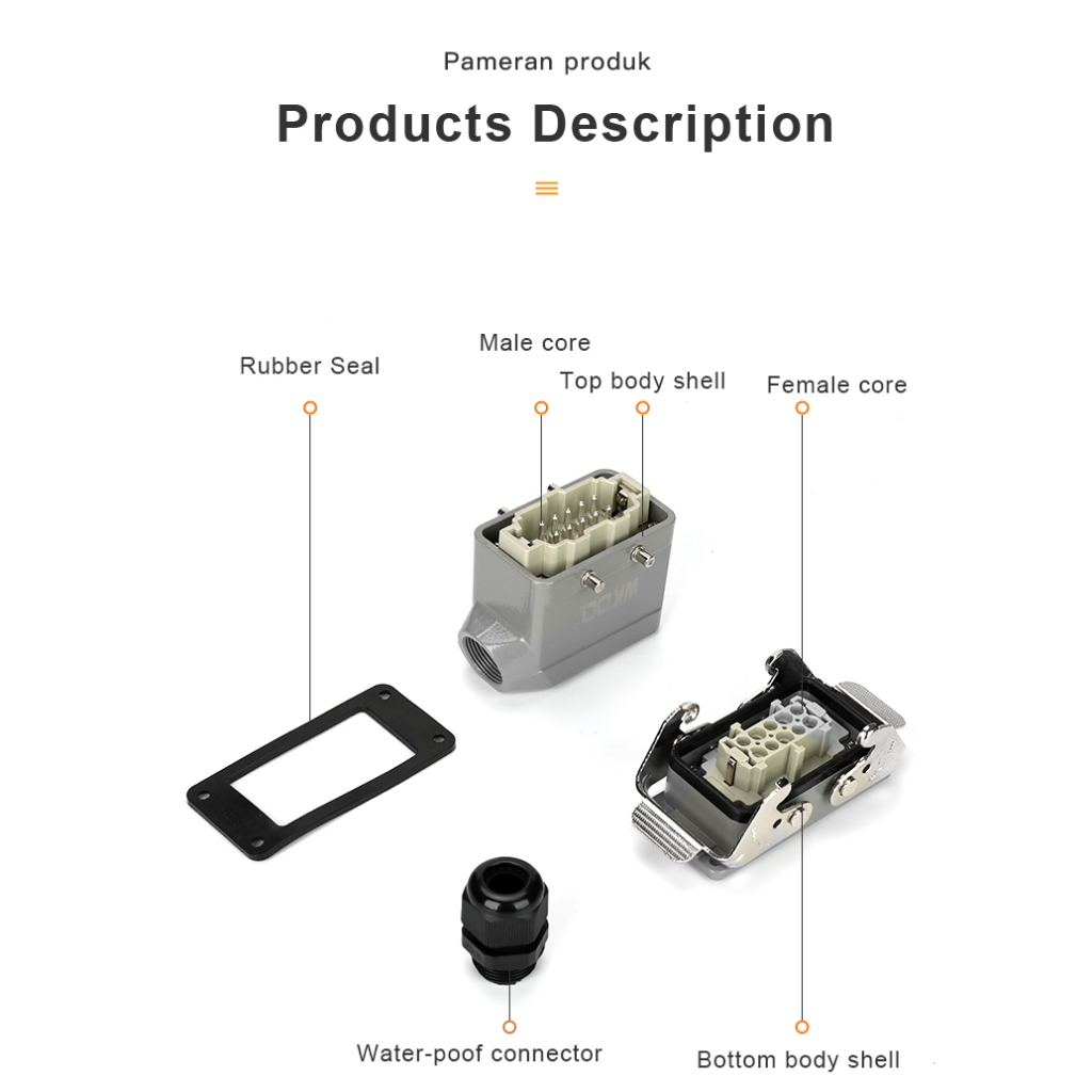 สี่เหลี่ยมผืนผ้า Heavy Duty Connector WHE HDC-HE 6/10/16/24/32/48 Core อุตสาหกรรมกันน้ําการบินปลั๊กซ็อกเก็ต 500V