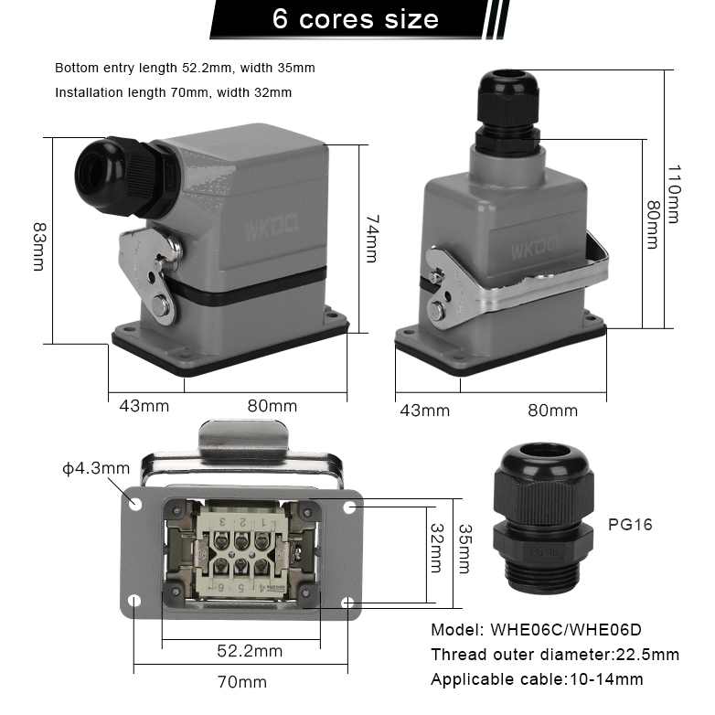 สี่เหลี่ยมผืนผ้า Heavy Duty Connector WHE HDC-HE 6/10/16/24/32/48 Core อุตสาหกรรมกันน้ําการบินปลั๊กซ็อกเก็ต 500V