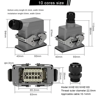 สี่เหลี่ยมผืนผ้า Heavy Duty Connector WHE HDC-HE 6/10/16/24/32/48 Core อุตสาหกรรมกันน้ําการบินปลั๊กซ็อกเก็ต 500V