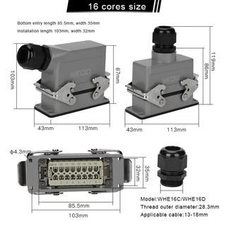 สี่เหลี่ยมผืนผ้า Heavy Duty Connector WHE HDC-HE 6/10/16/24/32/48 Core อุตสาหกรรมกันน้ําการบินปลั๊กซ็อกเก็ต 500V