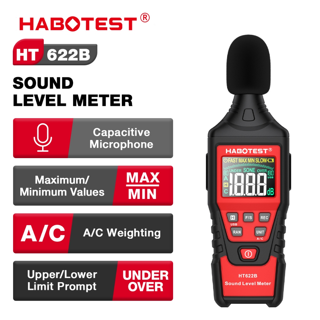 Habotest HT622 เครื่องวัดระดับเสียงดิจิทัล แบบมือถือ เซนเซอร์แบ็คไลท์ ขนาดเล็ก เครื่องวัดเสียงรบกวน