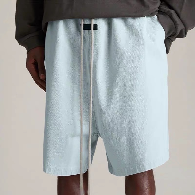 Spot FOG FEAR OF GOD Double line ESSENTIALS 24SS ล ้ าง Drawstring ยืดหยุ ่ น Casual Denim กางเกงขาสั ้ นฤดูร ้ อนใหม ่ High Street
