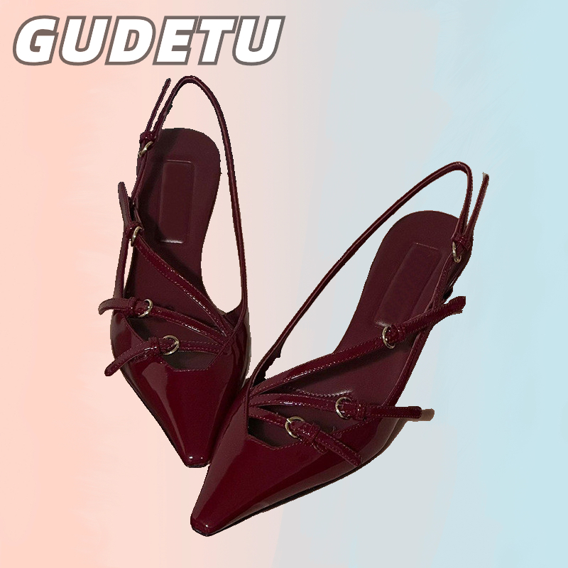 GUDETU รองเท้าส้นสูง หนังเทียม หัวแหลม แบบบาง แฟชั่นสไตล์เกาหลี สําหรับผู้หญิง