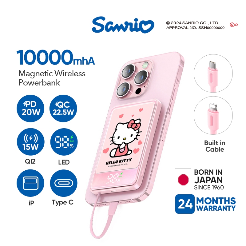 Sanrio Hello Kitty แบตสำรองไร้สาย Power Bank 10000mAh 22.5W Wireless 15W LED Display พาวเวอร์แบงชาร์จเร็ว with ip/Type-C Cable