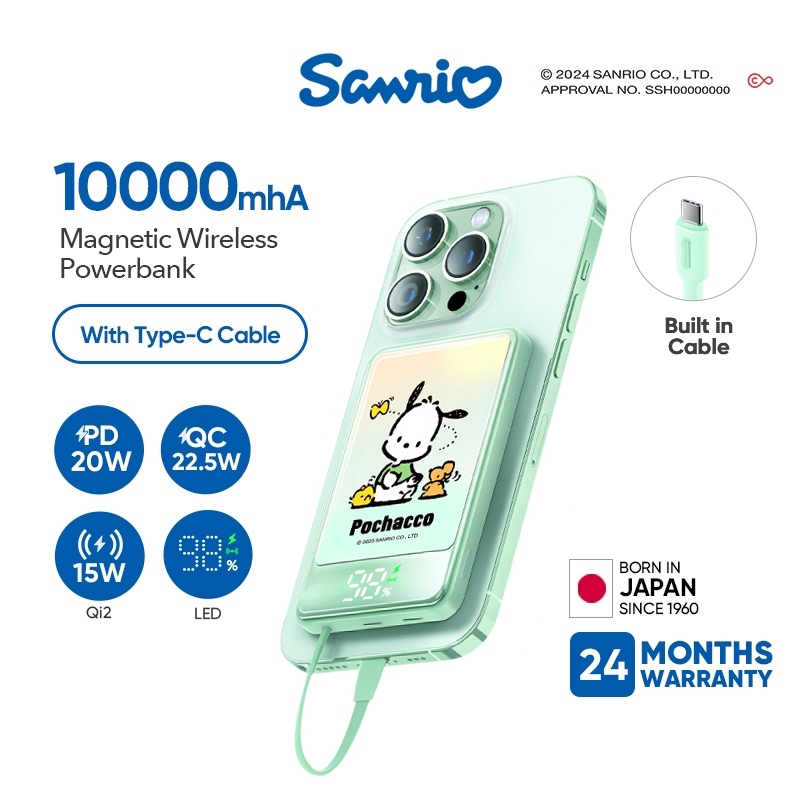 Sanrio Pochaccoโปชาโกะ แบตสำรองไร้สาย Power Bank 10000mAh 22.5W Wireless 15W LED Display พาวเวอร์แบงชาร์จเร็ว with Type-C Cable