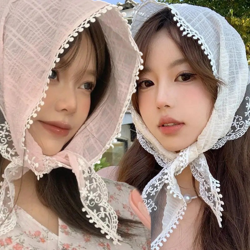 ผ้าโพกหัว ผ้าพันคอ ปักลายลูกไม้ ทรงสามเหลี่ยม สีขาว สไตล์โบฮีเมียน แฟชั่นฤดูใบไม้ผลิ และฤดูร้อน สําหรับผู้หญิง