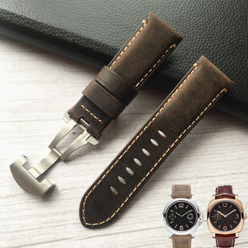 สายหนังแท ้ เหมาะสําหรับ Panerai PAM111 Butterfly Buckle Strap Cowhide Men 's Watch Accessories สีน ้ ําตาล 24 มม .