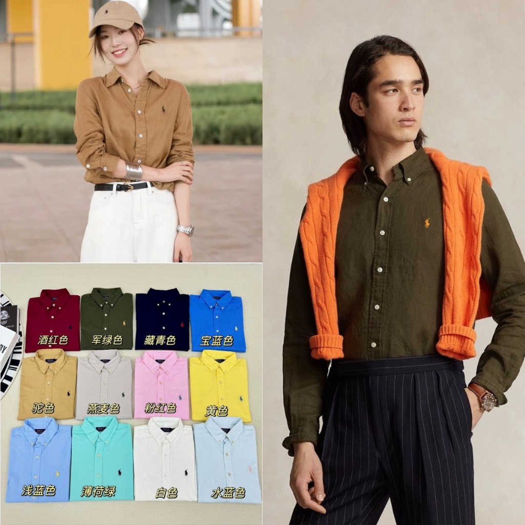 ร.ล ผู้ชายและผู้หญิงม้าเล็กแขนยาวปกเสื้อปกเสื้อ100%ผ้าลินินเย็บปักถักร้อยที่มีคุณภาพสูงเสื้อหม