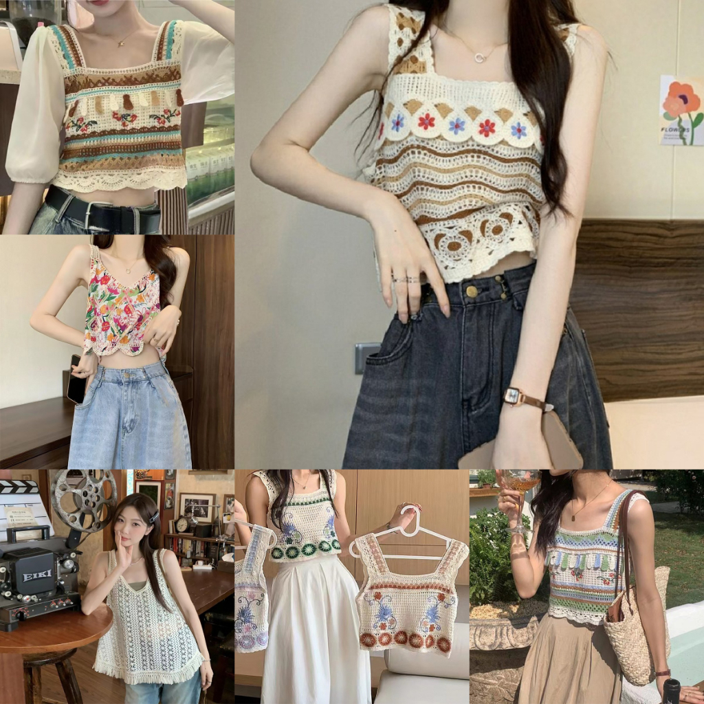 Kans เสื้อท็อปแขนกุด ผ้าถัก ปักลาย สไตล์วินเทจ แฟชั่นฤดูร้อน สําหรับผู้หญิง