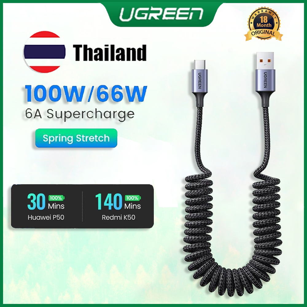 Ugreen 6A 100W Usb เป็น Type C สายเคเบิล สําหรับ Huawei สปริงดึง ยืดไสลด์ ชาร์จเร็ว สายชาร์จในรถ