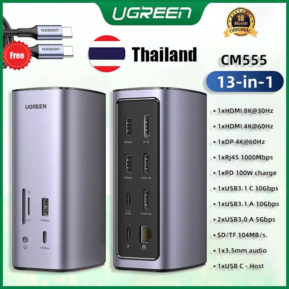 Ugreen สถานีเชื่อมต่อ 13-IN-1 อะแดปเตอร์หลายพอร์ต USB C พร้อมอีเธอร์เน็ต 8K HDMI Gigabit ฮับ USB 3.1