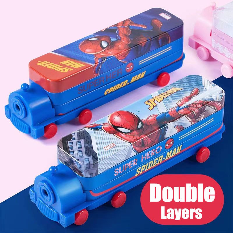 Disney Spiderman Kids กล ่ องดินสอการ ์ ตูน Double-deck Train มัลติฟังก ์ ชั ่ นสร ้ างสรรค ์ กล ่ องดินสอเหล ็ กสําหรับนักเรียนชั ้ นประถมศึกษา