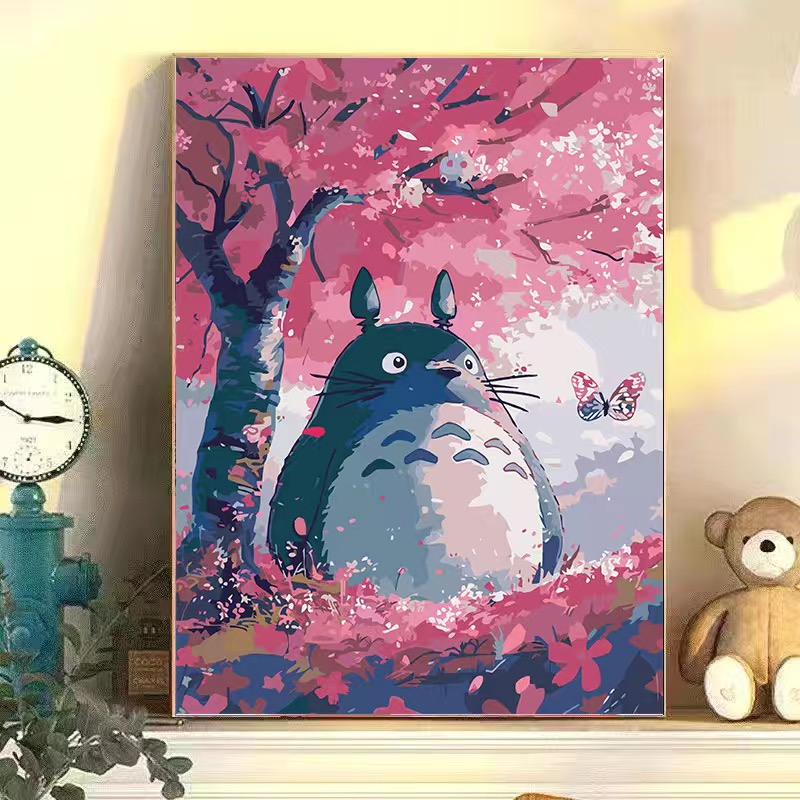 ระบายสีตามตัวเลข DIY สีอะคริลิคมือวาด โทโทโร่และต้นซากุระ ภาพวาดตกแต่งแขวนของขวัญวันเกิด 20x30/30x40 ซม.