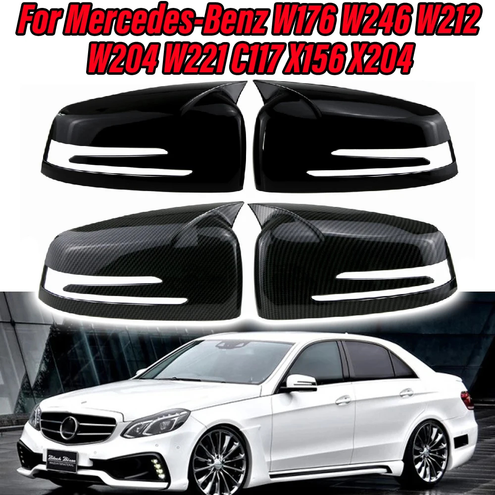 สําหรับ Mercedes-Benz W176 W246 W212 W204 W221 C117 X156 X204 ABCE CLA GLA GLK Class ฝาครอบกระจกมองข้าง ครอบ กระจกมองข้าง ดำมันวาว/การปรากฏ คาร์บอนไฟเบอร์ M สไตล ฮอร์น รถอุปกรณ์เสริม