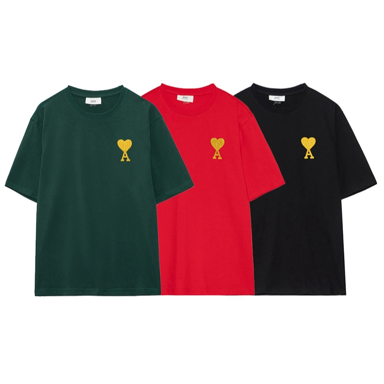 Street Wear คลาสสิกแขนสั้นด้านบน 240g ผ้าฝ้ายเส้นด้ายคู่ผ้าหัวใจด้ายสีเหลืองเย็บปักถักร้อย Craft เสื้อยืดแขนสั้น Lo