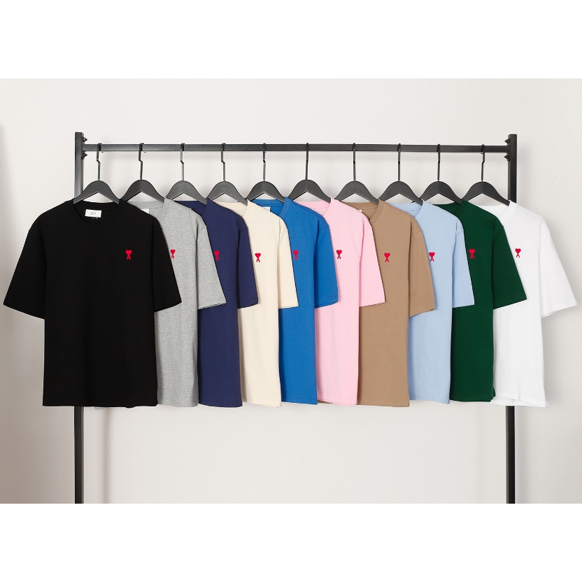 Street Wear Classic Top Little Red Heart Design เสื้อยืดแขนสั้นผ้าฝ้ายเส้นด้ายคู่สไตล์ Unisex