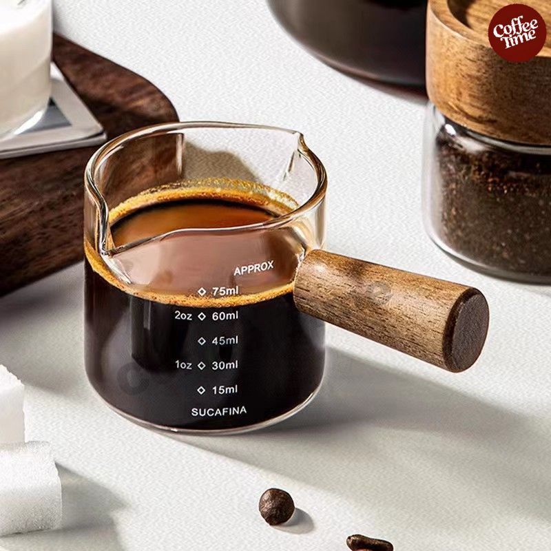 แก้วตวง กาแฟ ด้ามไม้ สองปากเท แก้วช็อต 75 มิลลิลิตร CoffeeTimeShop