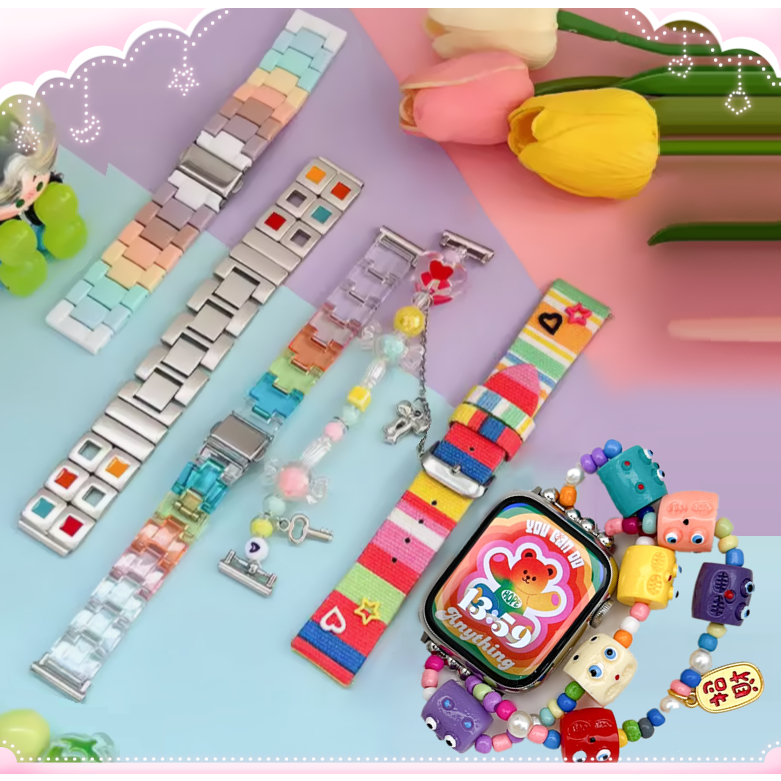 สีสัน Dopamine Watchband สําหรับสายนาฬิกา Series11 10 9 8 7 6 5 4 3 2 1, SE,SE2,Ultra สาย 38 M 40 มม.41 มม.42 มม.44 45 49 Handmade i สายนาฬิกาเปลี ่ ยนสร ้ อยข ้ อมือ แอปเปิ้ลวอช i watch Strap