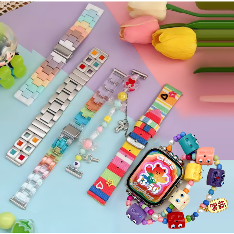 Colorful Dopamine Watchband สาย i watch Strap Series 10 9 8 7 6 5 4 3 2 1, SE,SE2,Ultra Strap Size 38m 40mm 41mm 42mm 44mm 45mm 49mm Handmade Replacement i Watch Strap Loop