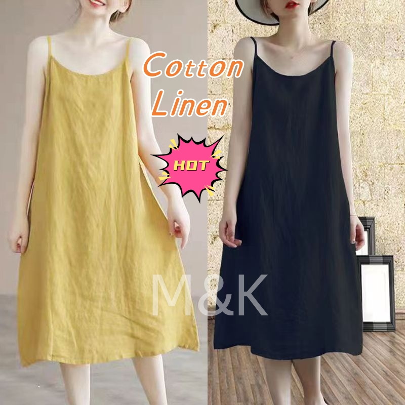 M & K Literary Retro Ladies Cotton Linen Sling Dress Long Looseแขนกุด Tank Top Dress