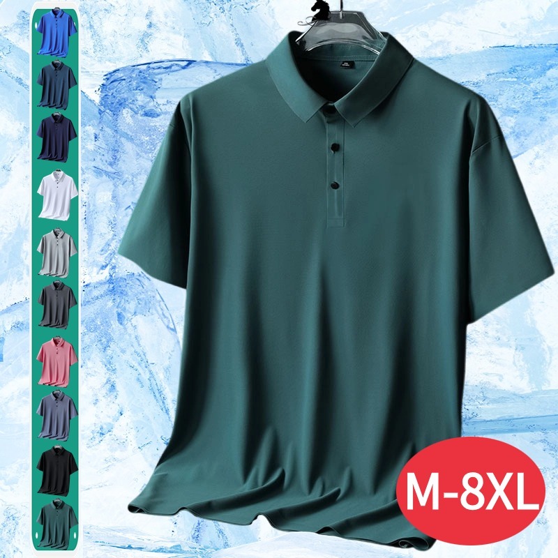 [สิบสี] บวกไขมันขนาดบวกผ้าไหมน้ําแข็งไม่มีรอยต่อเสื้อโปโลแขนสั้นผู้ชายระดับไฮเอนด์ลําลองฤดูร้อนเสื้อยืดปกแห้งเร็ว