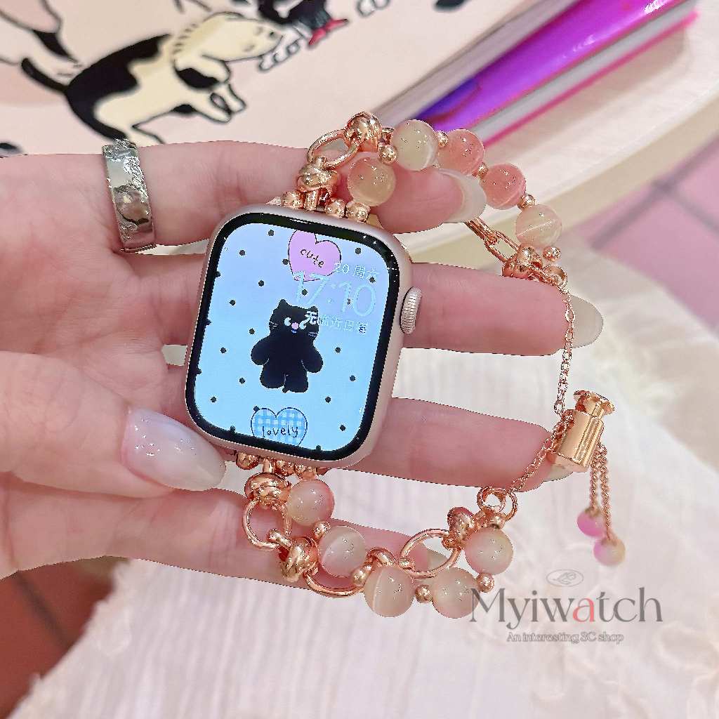Cats Eye ลูกปัดโลหะ telescopic chain สําหรับ iwatch Series 9 8 7 6 SE 5 4 3 2 1 Gradient สีชมพูสีส้มสุภาพสตรีสําหรับ iwatch 49 มม.45 มม.44 มม.41 มม.40 มม.38 มม.42 มม.