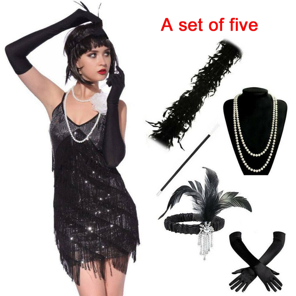 2024 ใหม่ 5 ชิ้น/เซ็ต 1920s ผู้หญิง Vintage Flapper Gatsby คอสเพลย์เครื่องแต่งกายชุดอุปกรณ์เสริมแถบคาดศีรษะสร้อยคอมุกถุงมือชุด