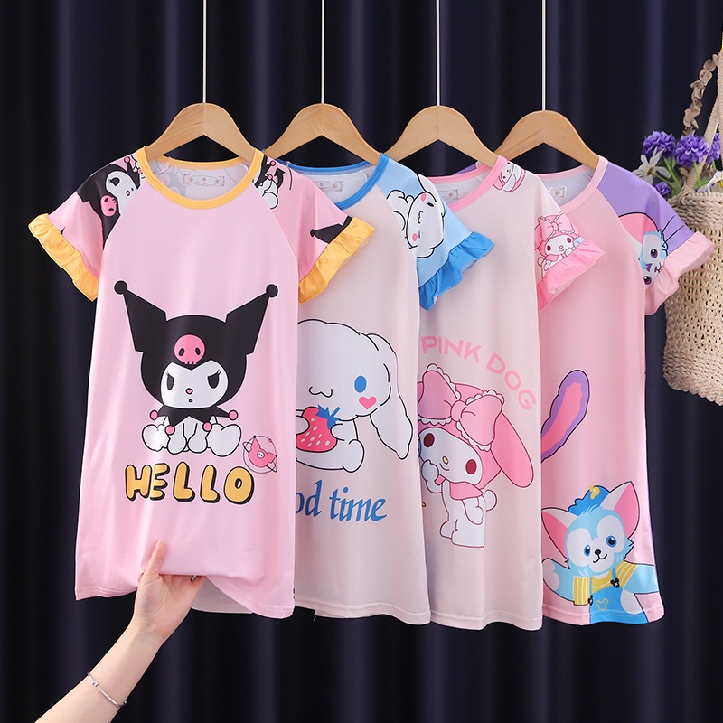 น่ารัก Sanrio Nightgowns Kawaii การ์ตูน Cinnamoroll My Melody Kuromi ชุดนอนนุ่มสบายสาวชุดนอน
