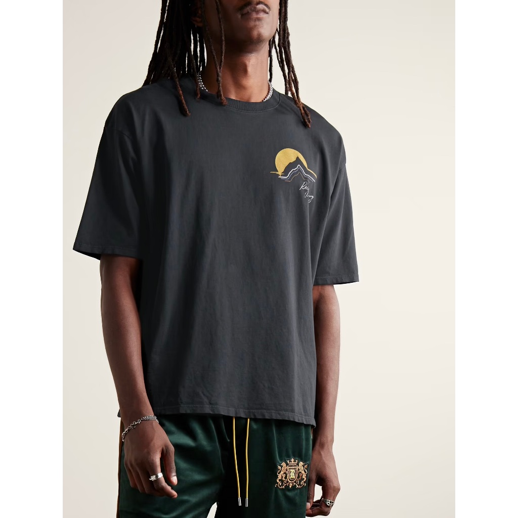 Rhude 24SS Line Hill Sunset Beautiful Tide High Street ยอดนิยม Heavyweight ผ้าฝ้ายแท้ลําลองพิมพ์เสื้อยืดแขนสั้น