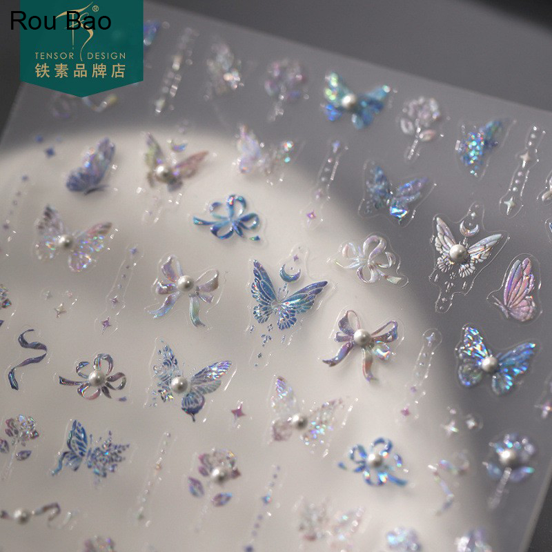 Rou Bao TL-135 5D เล ็ บนูนสติกเกอร ์ Pearl Butterfly Glitter Starlight บางโปร ่ งใสกลับกาวเล ็ บตกแต ่ งศิลปะ
