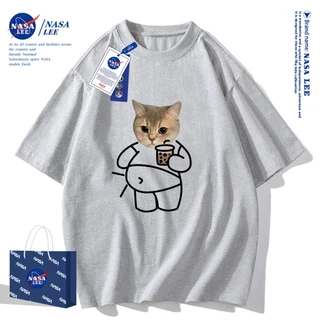 เสื้อยืดแขนสั้นผ้าฝ้ายคอตตอนลาย NASA รุ่นใหม่สำหรับฤดูร้อน 2024 แบบหลวมและระบายอากาศได้ดี