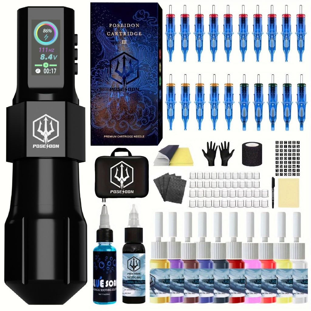 Poseidon Tattoo Pen Kit ชุดปากกาพร้อมตลับเข็ม 20 ชิ้น พลังงานไร้สาย 1800mAh จอแสดงผล LED ดิจิตอล อุปกรณ์สัก